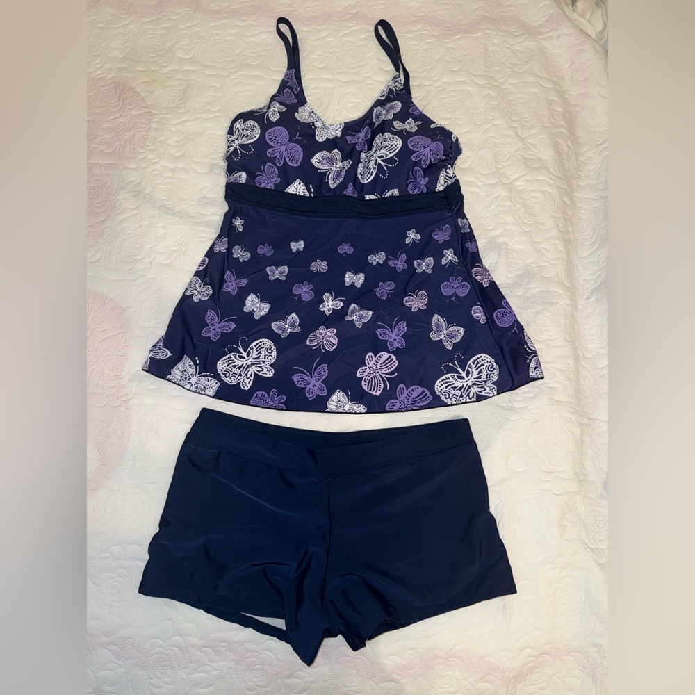 Navy Butterfly Print Tankini Swim Top and Shorts - Picture 2 of 7